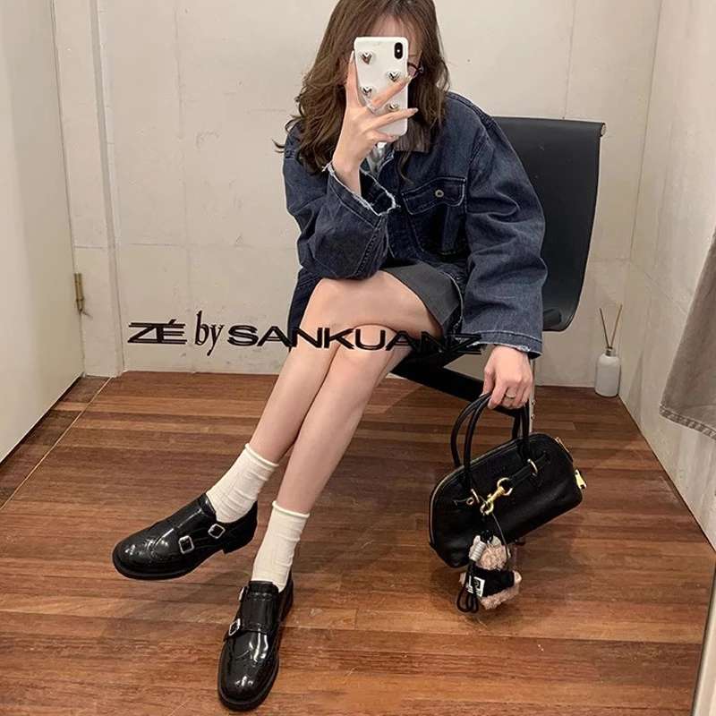 School Commuter Fashion Small Leather Footwear For Ladies  Carved Double Buckle Strap Block Heel Loafers Breathable Leather