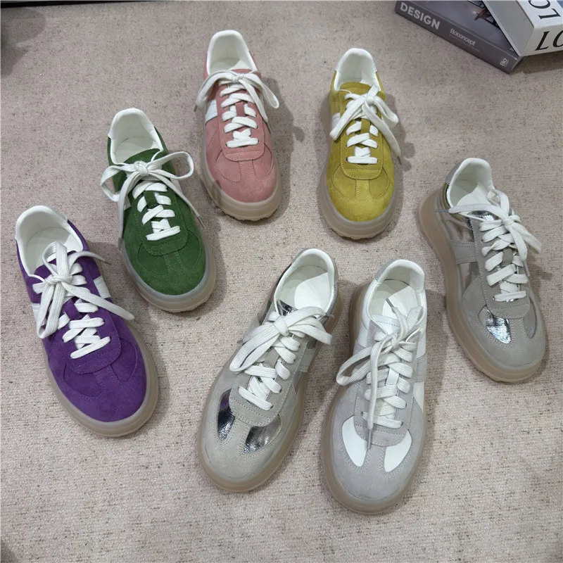 

Женские весенне-летние новые мягкие замшевые кроссовки из коровьей замши на низком толстом каблуке Y2k, дизайнерские спортивные винтажные тренировочные кроссовки на плоской подошве со шнуровкой