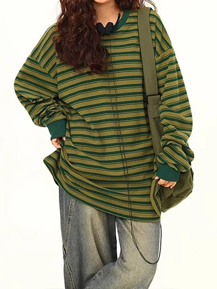 

Осень-зима, полосатый цветной пуловер с длинными рукавами и круглым вырезом, свободные толстовки большого размера, топы на основе, повседневные женские футболки