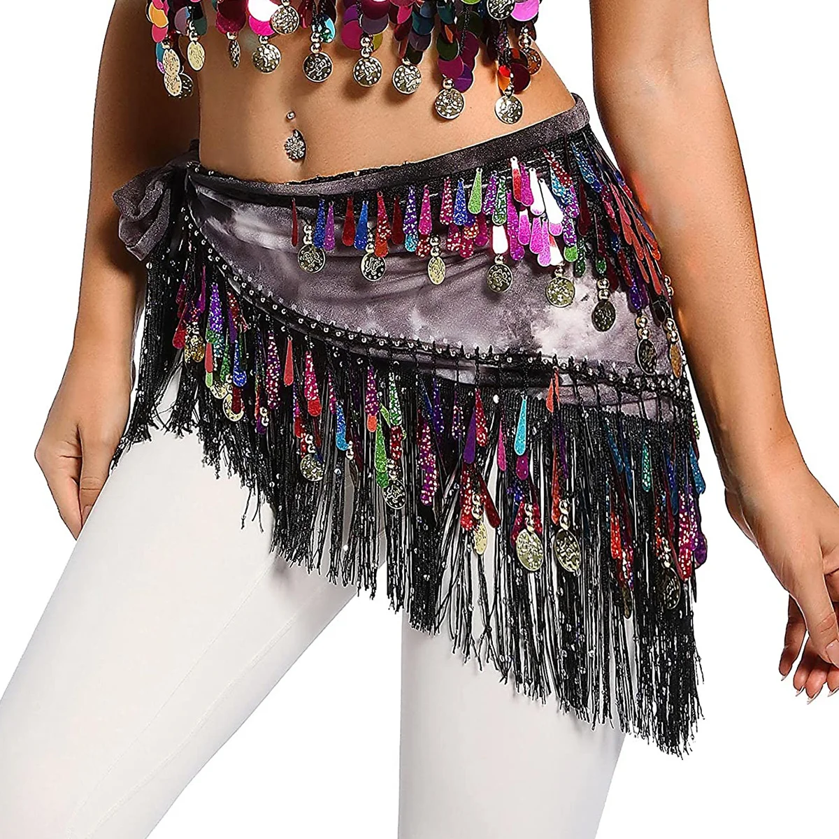 ผู้หญิง Belly Dance เสื้อผ้าอุปกรณ์เสริม Teardrop Paillettes Fringe Wrap ฐานยืดหยุ่น Tie-Dye สามเหลี่ยมเข็มขัดเหรียญผ้าพันคอสะโพก