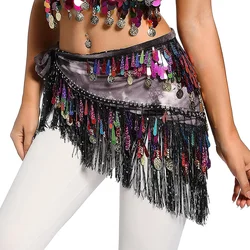 Women Belly Dance Clothing Accessories Teardrop Paillettes Fringe Wrap Elastic Base Tie-Dye Triangle Belts Coins Hip Scarf