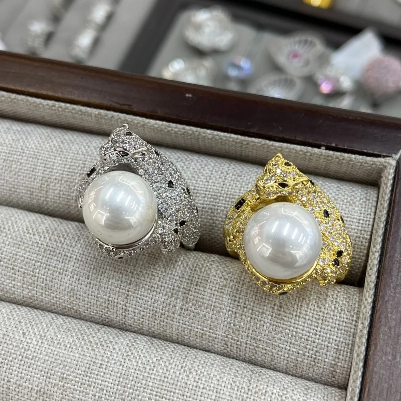 cute Adjustable Leopard Head Ring with Pearl and Sparkling Micro Pave Stones fashion jewelry
