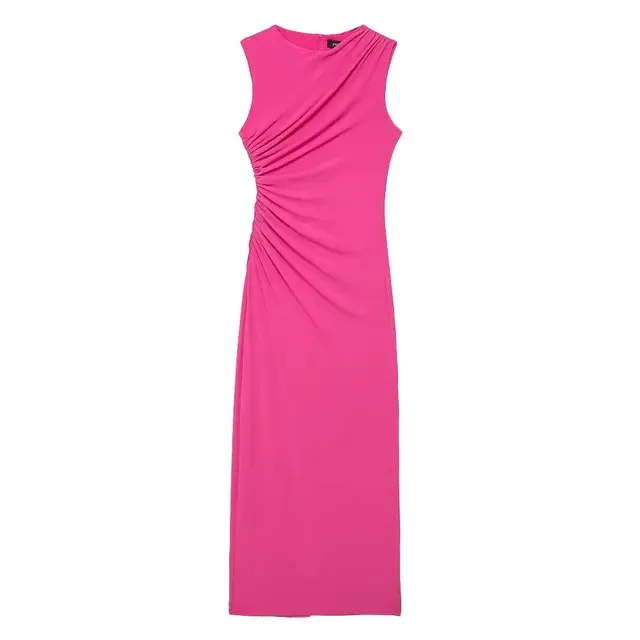 New Women Elegant Solid Color Folds Decorate Sleeveless Midi Female Chic Back Zipper Slit Hem Beach Party Long Dress