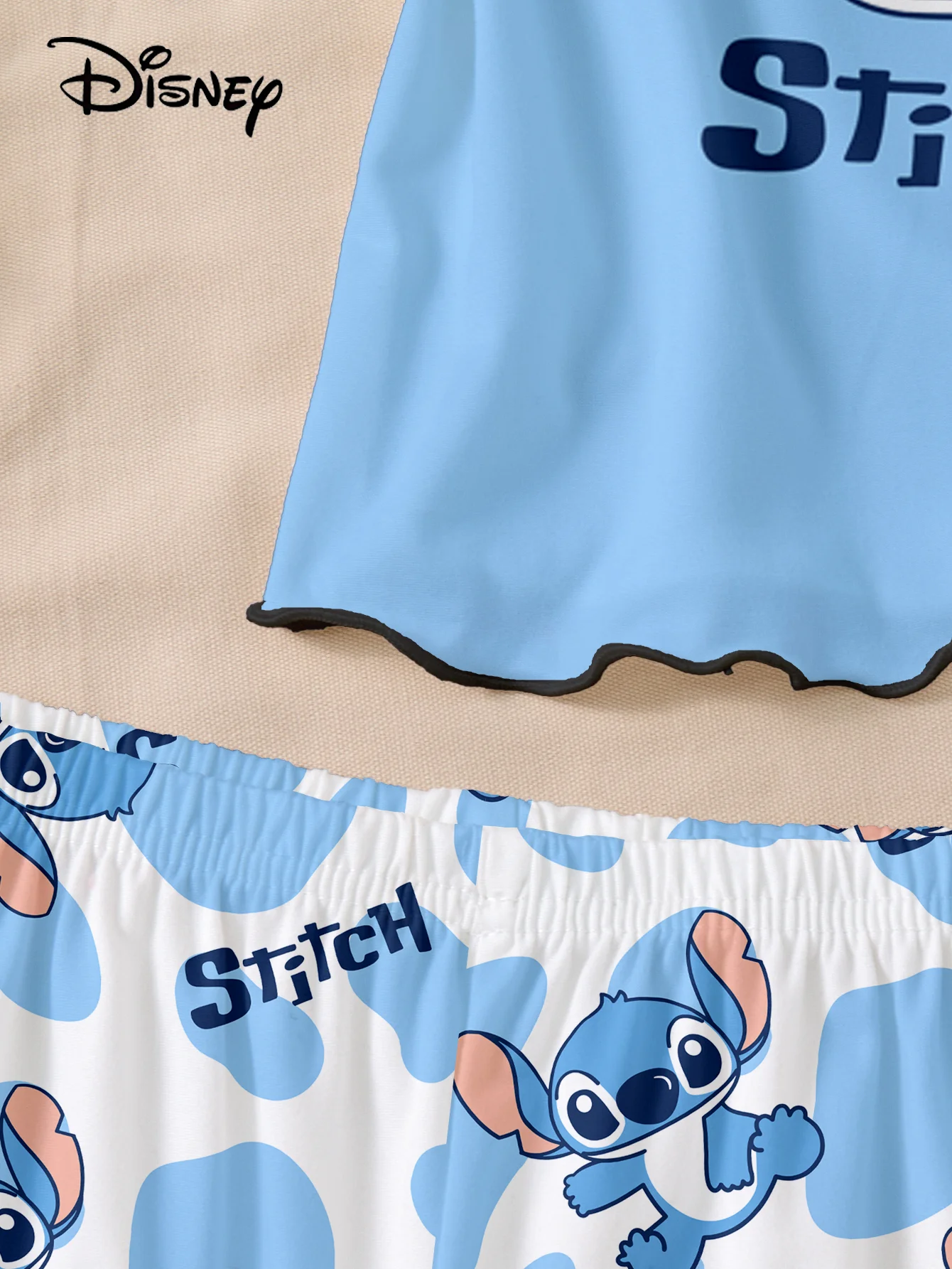Women's 2-piece Disney Stitch Cute Cartoon Pattern Pajamas Home Clothes Strap Top+Elastic Shorts Off Shoulder Star Cartoon Print image 6