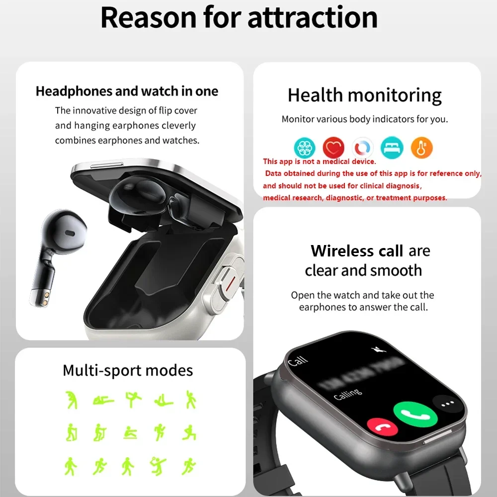 New Smart Watch Men with Earbuds Bluetooth Headset Speaker Tracker Music Sport Watch Men Waterproof Smart Watch AMOLED Screen