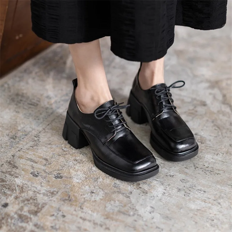 New Spring/Autumn Women Pumps Square Toe Lace-Up Chunky Heel Women Shoes Solid Platform Soft Leather Puls Size 42 Famele Shoes