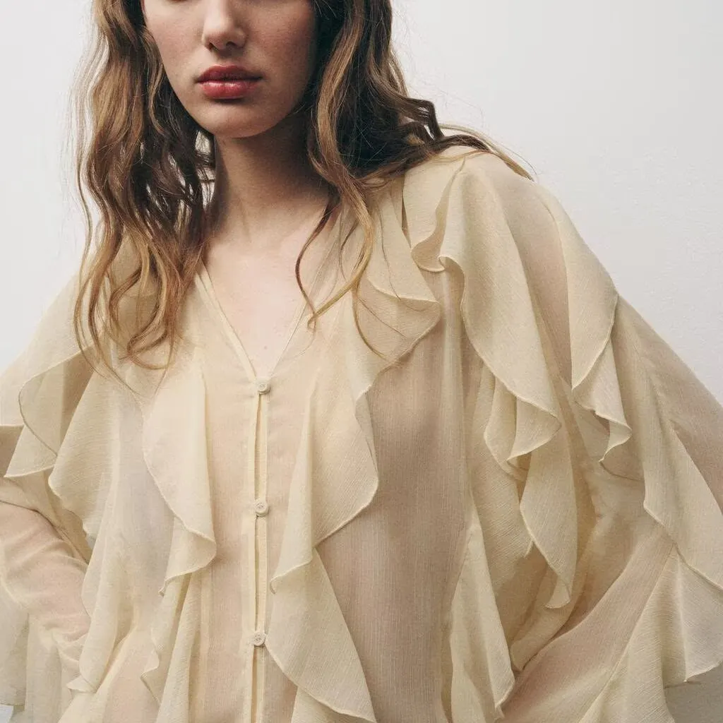 

ZBZR Spring New Women's Loose Long Sve V-ne Layered Decoration irt Polyester Fiber Versatile Sle Regular Sve Length