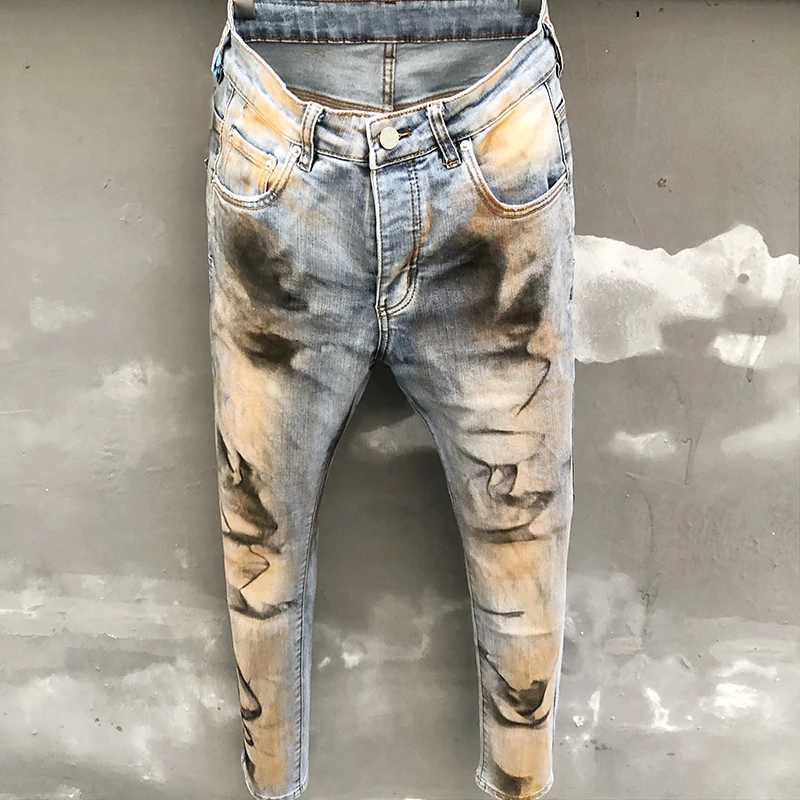 Pantalones vaqueros azules de calle para hombre, Vaqueros elásticos de pies pequeños con pintura a la moda, pantalones elásticos de Hip Hop, pantalones vaqueros para hombre, pantalones de motocicleta