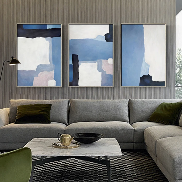 3pcs Modern Blue Abstract Block Canvas Wall Art Minimalist Geometric Color Block Home Wall Decor
