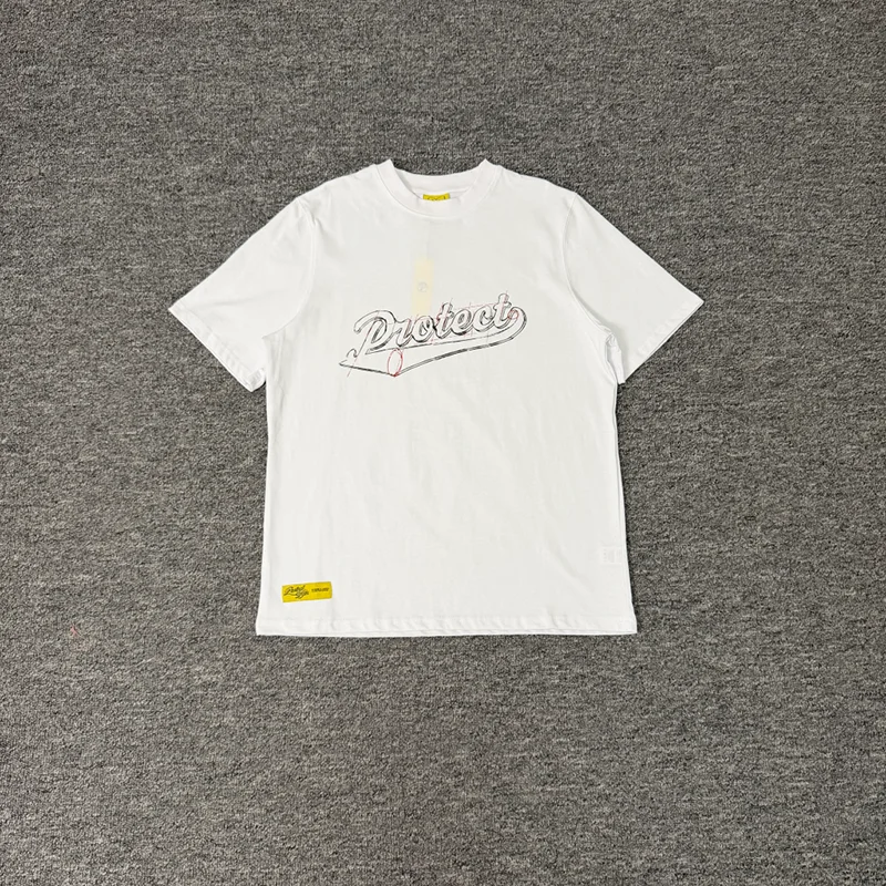 Summer New Protect Men T Shirt Line Sketch Letter Graphic Loose Casual Yellow Tag Short Sleeve Top