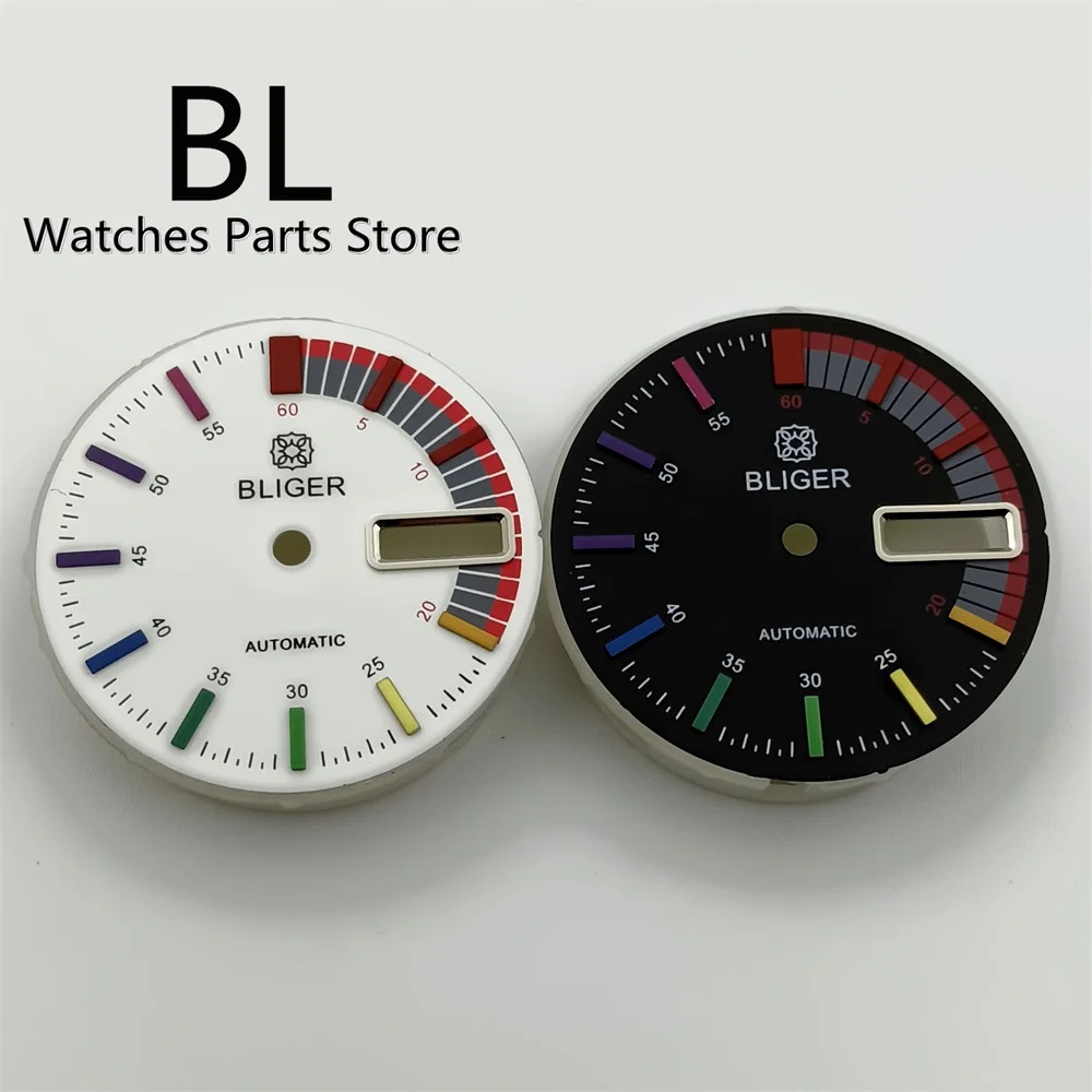 BLIGER 28.5mm Black White Rainbow Watch Dial Multicolor Time Marks Week Date Window Fit NH36 Automatic Movemen 3 O'clock Crown