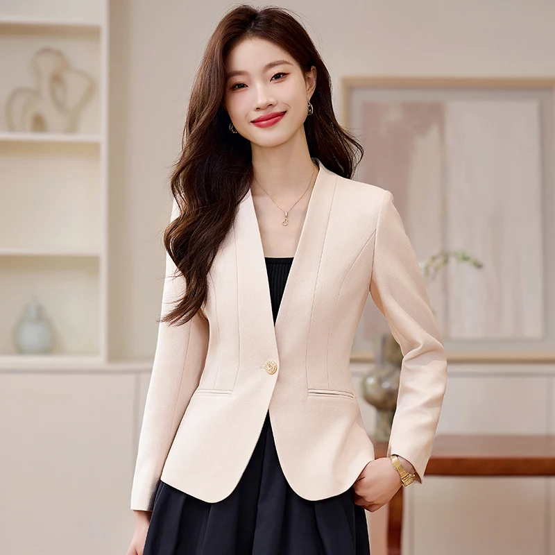 NAVIU High End หญิง Blazer ผู้หญิงสีชมพู Apricot สีดําปุ่ม Slim Jacket สํานักงานสุภาพสตรีธุรกิจทํางานอย่างเป็นทางการ Coat