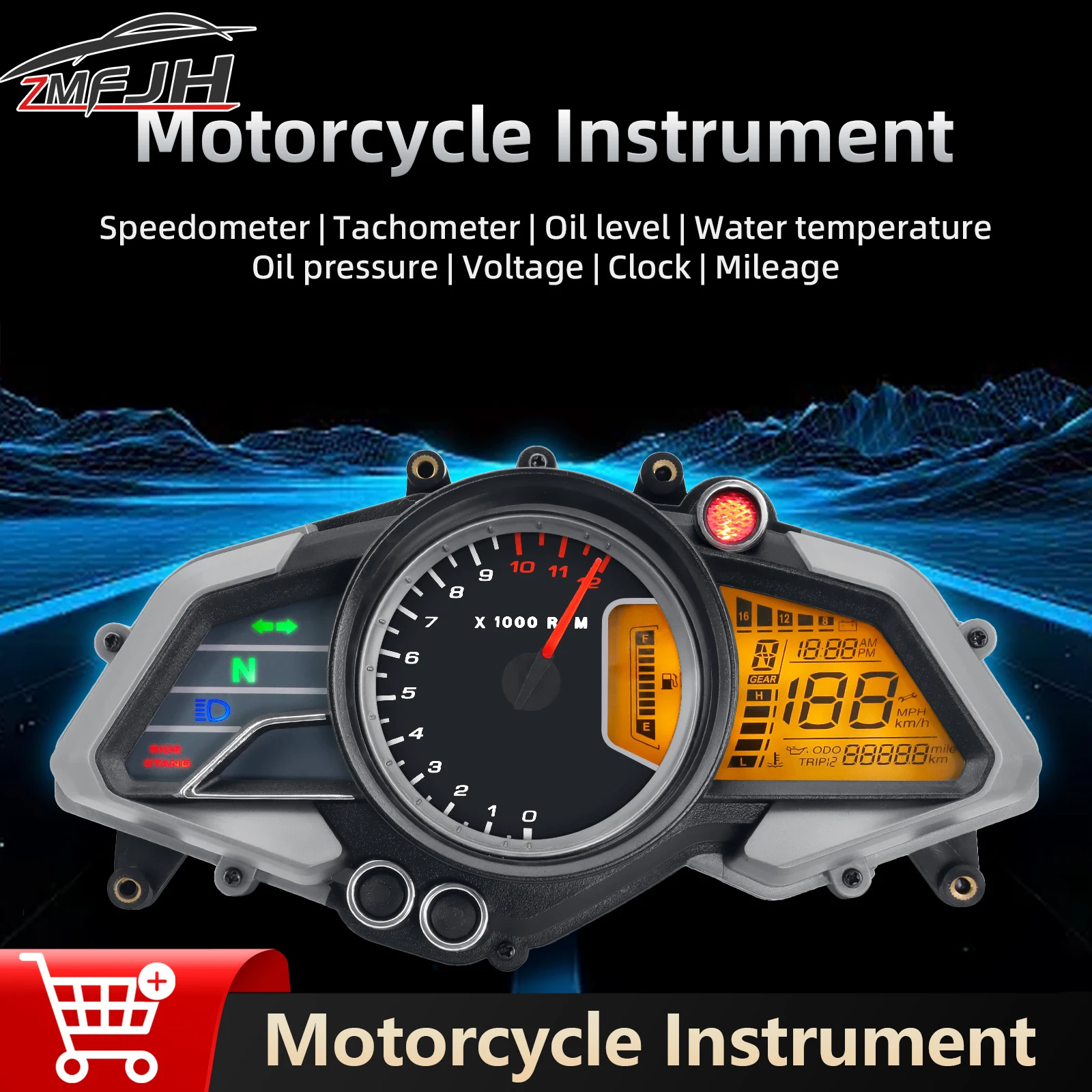 

For Bajaj 200NS LCD Speedometer Motor RPM Tachometer Odometer Motorcycle Instrument With Turn Signal Oil Press Volt Water Temp