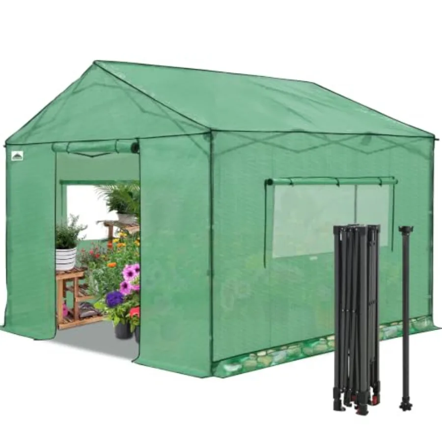 Portable pop up greenhouse for outdoor gardening, green polyethylene fabric, green color, patented center lock for easy one-per