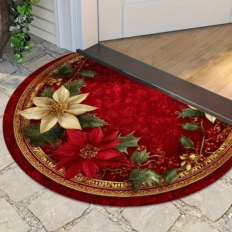 Vintage Red Christmas Fluffy Semi Circle Doormat Elegant Gold Border Rug Classic Welcome Floor Mat For House Front Entrance