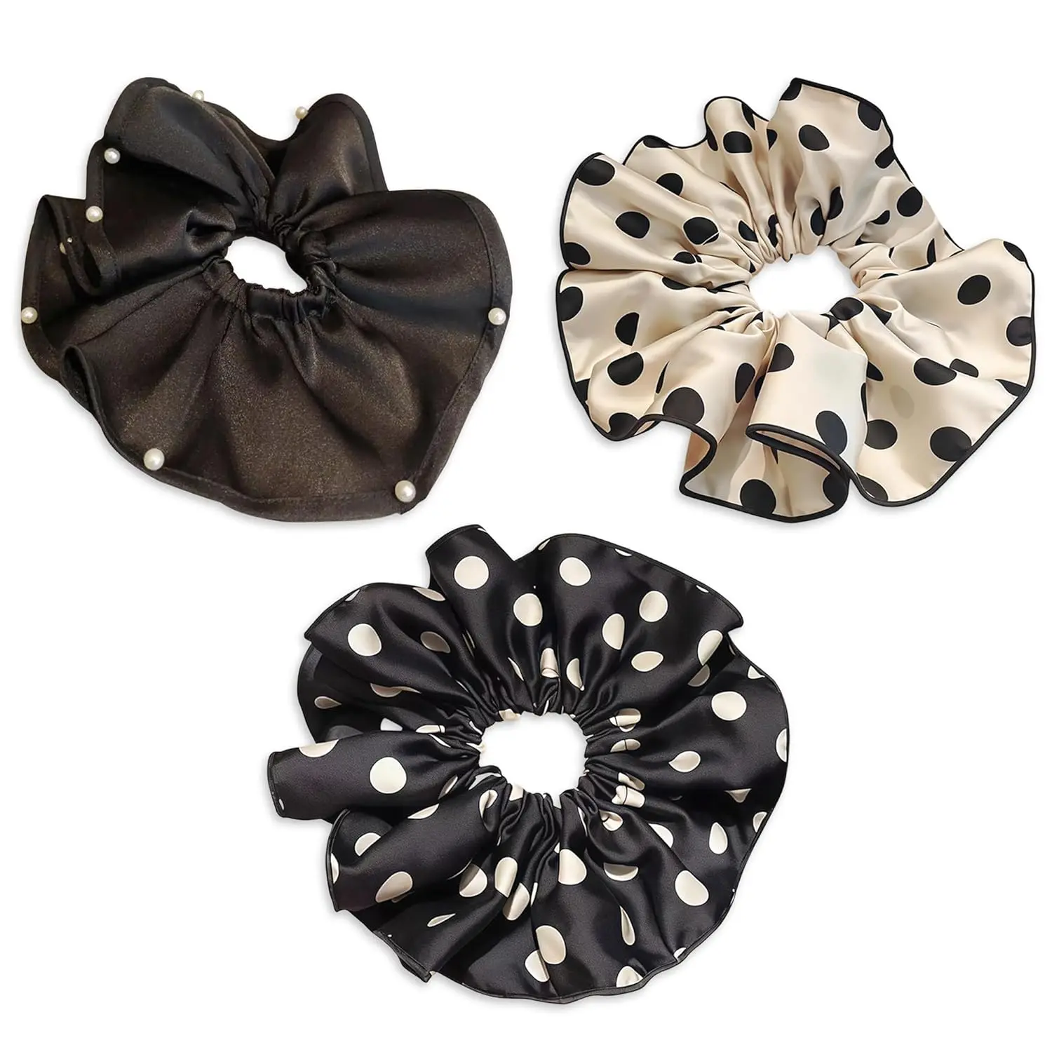 

3 PCS 7.9 Inches Oversized Satin Scrunchies with Pearl and Polka Dot, Jumbo Large Hair Ties