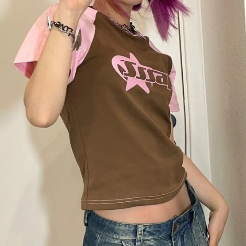 Aesthetic Summer Baby Tee Y2K Korean Patchwork Clothes Emo Streetwear Goth Harajuku Graphic Print T-shirt Women Vintage Crop Top