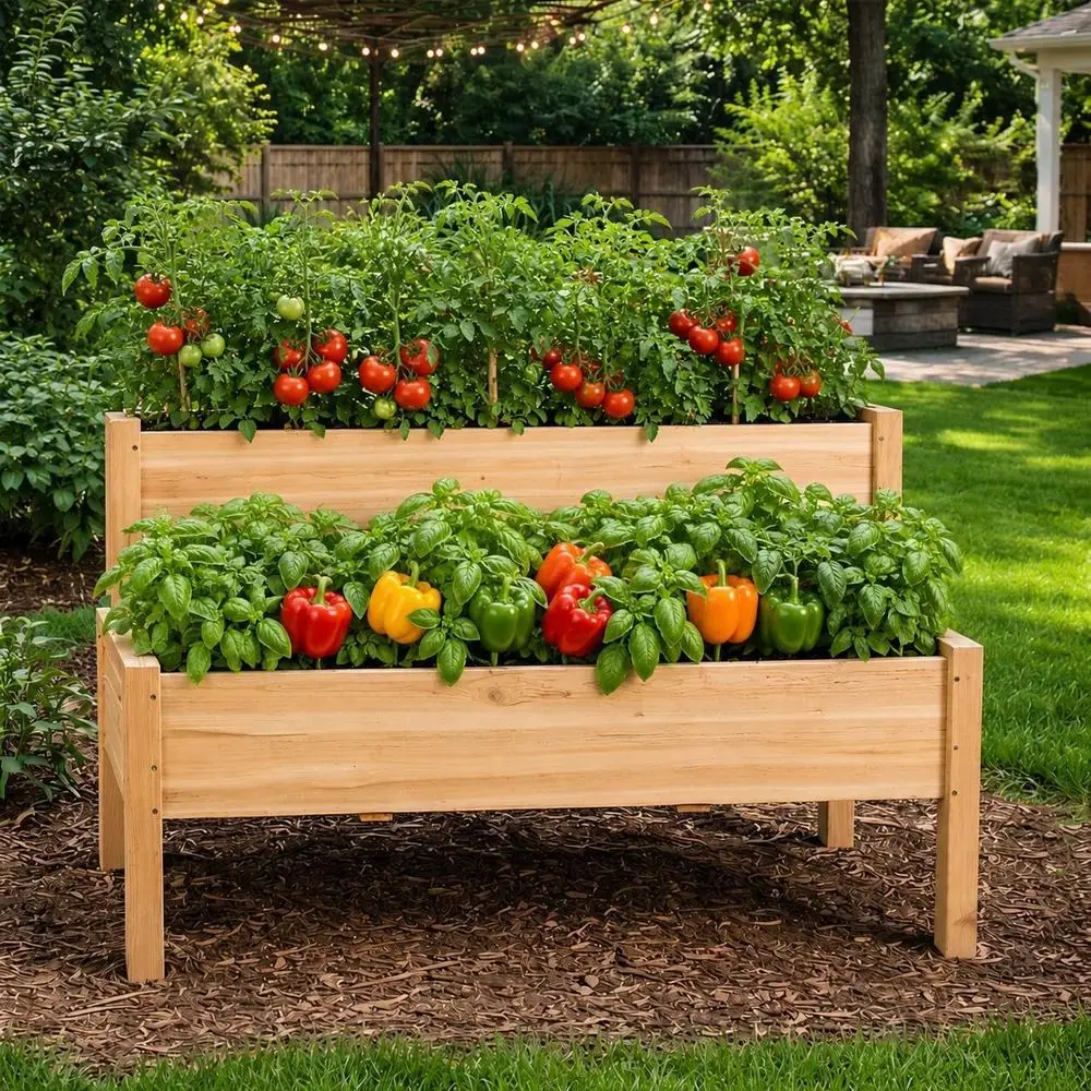 47x41x30in Wooden Raised Garden Bed Outdoor 2 Tiers Elevated Planter Grow Box or Herb with Legs & Drainage Holes