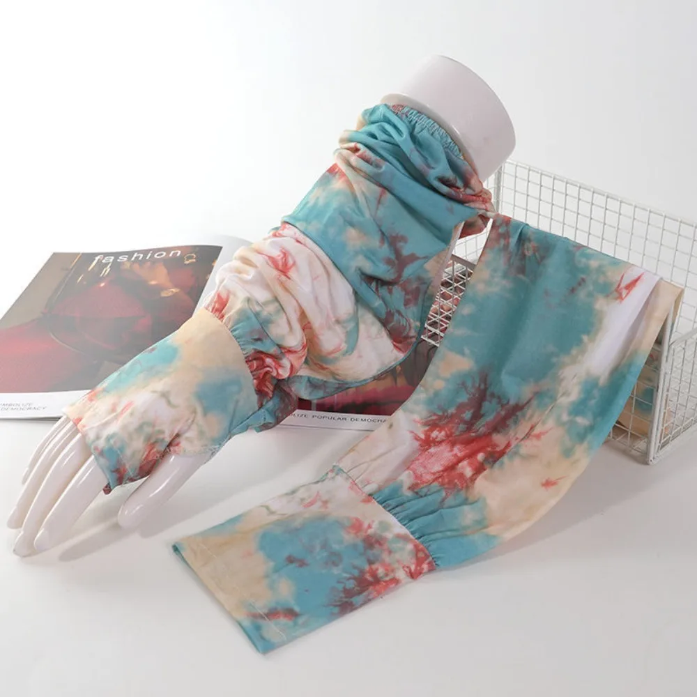 かわいい絞り染めロングアイスシルク袖エスニックスタイル日焼け止め日焼け止めアームカバー高弾性薄型サイクリング手袋女性