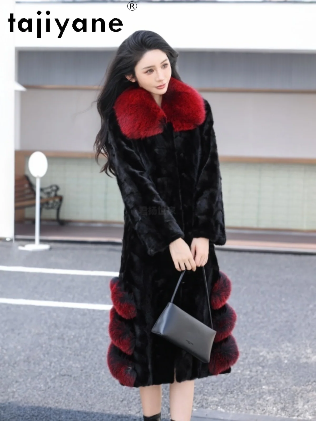 سترة من فرو المنك الطبيعي 100% من TAJIYANE معطف نسائي أسود طويل من فرو المنك الحقيقي مع ياقة من فرو الثعلب ملابس شتوية للنساء 2025