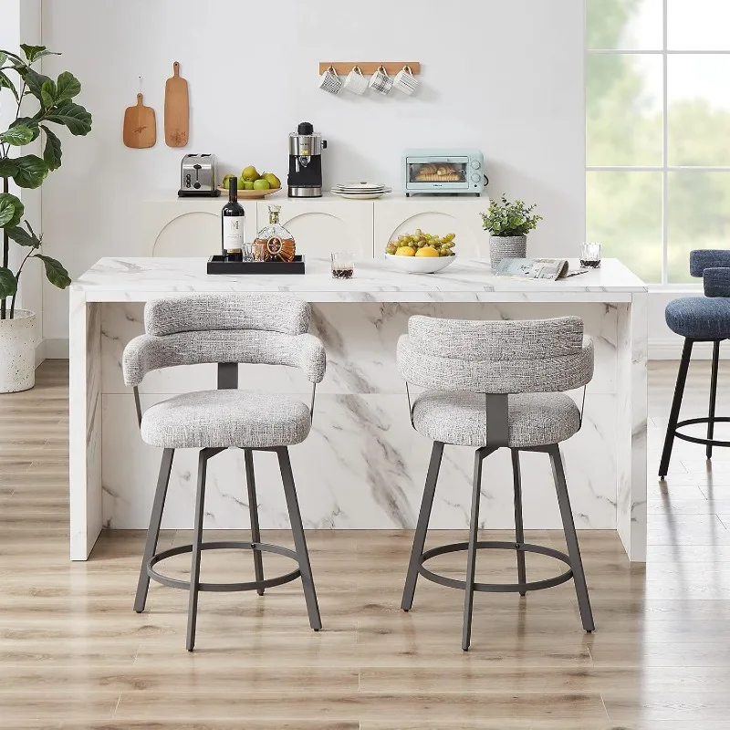 Counter Height Bar Stools with Full Back – Swivel Counter Stools Set of 2 with Linen Padded Back, Metal Footrest