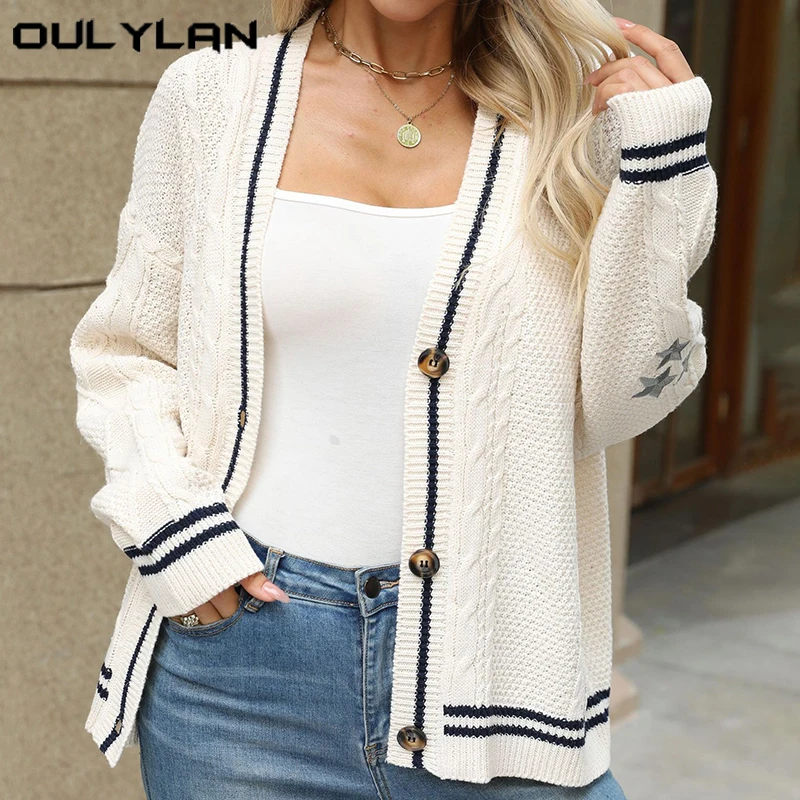 Knitted Cardigan Women's Autumn Wwinter Loose Casual Style Jacket Ladies Embroidered Star Decoration Knitted Sweater Cardigan