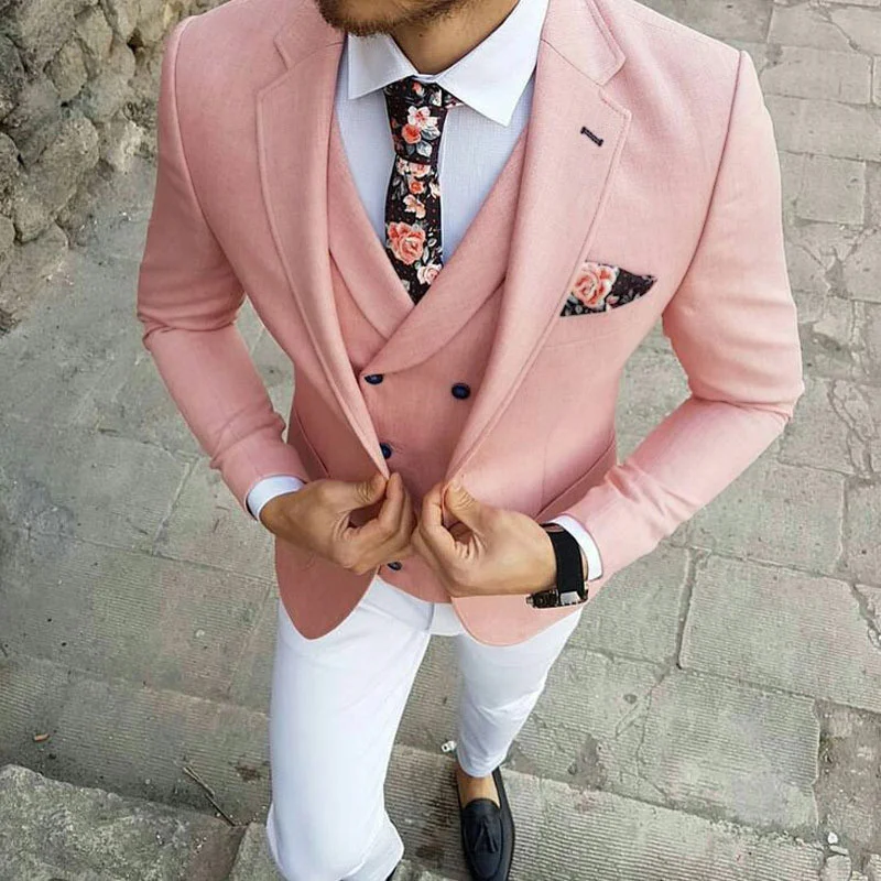 

New Arrival Wedding Suits for Men Groom Pink Jacket Pants White Pants 3 Piece Slim Fit Terno Hombres Costume Masculino Костюм