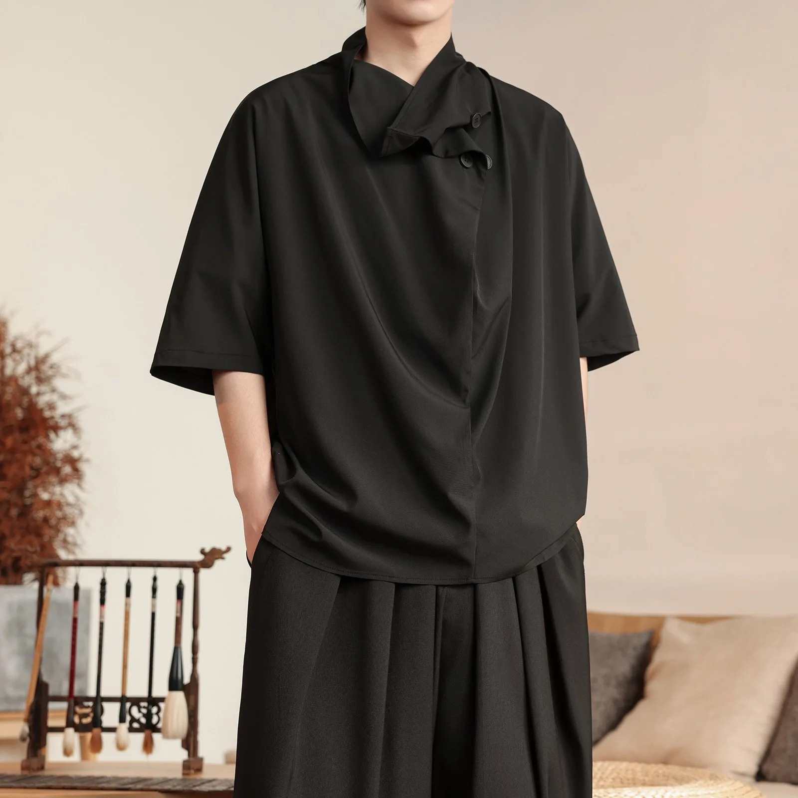 Summer Chinese Style Men's Dark Ice Silk Niche Design High Pile Collar Five-point Short-sleeved