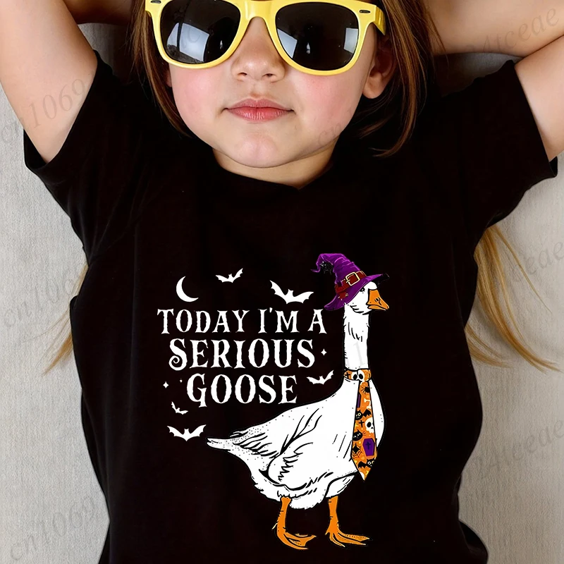 

210gsm Fabric Cotton Children Boy Girl T Shirt New Funny Goose Halloween Kids T-Shirt Cute Today I'm A Serious Goose Tee Tops
