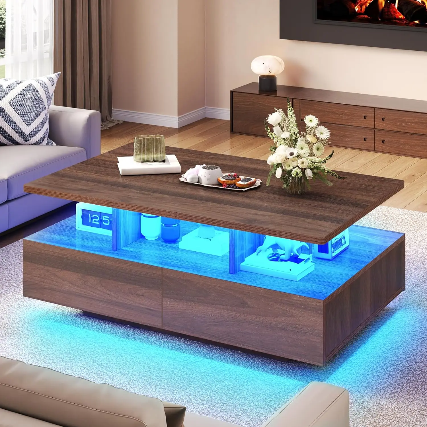 طاولات قهوة LED لغرفة المعيشة، طاولة قهوة للمزرعة مع 4 أدراج للتخزين وحجرة مفتوحة، مستطيل حديث