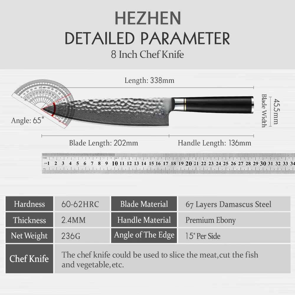 HEZHEN 8\'\' Chef Knife Damascus Steel Kitchen Knife Japanese Ultra Sharp Cleaver Stainless Steel Cooking Knives Ebony Handle