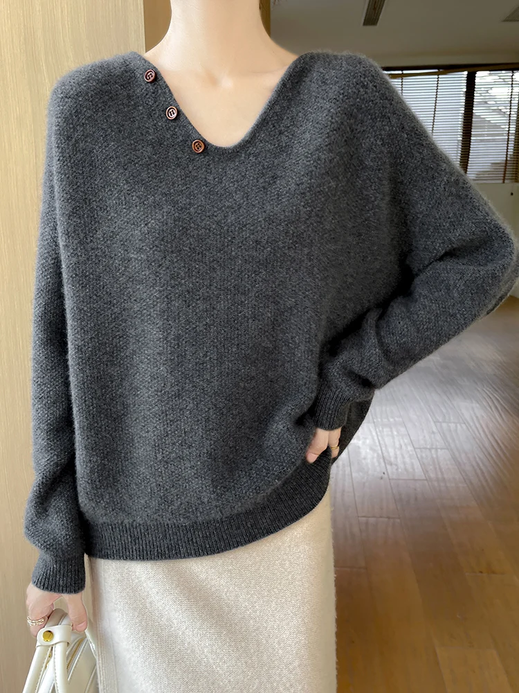 New Chic Women V-neck Wool Sweater Long Sleeve Pullover Autumn Winter Casual Loose Style 100% Merino Wool Knitwear Korean Tops