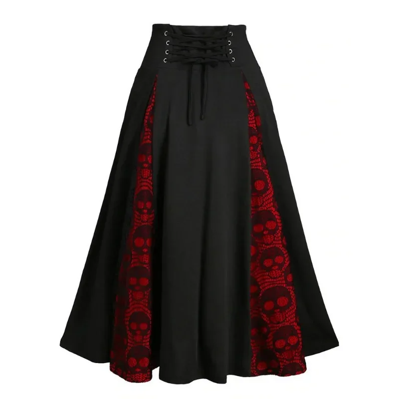 New European and American Lace Up Waist Cinching Skirt, Halloween Skull Head Lace Patchwork Button Skirt