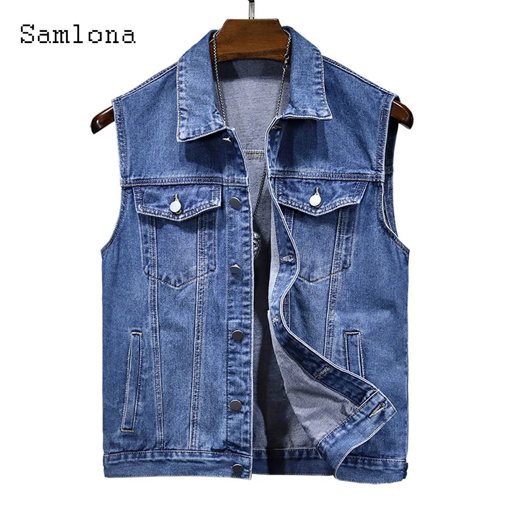 Samlona 2024 Men Vintage Pocket Denim Tank Tops Men's Sleeveless Basic Jean Outerwear Lepal Collar Fashion Basic Jeans Vest New