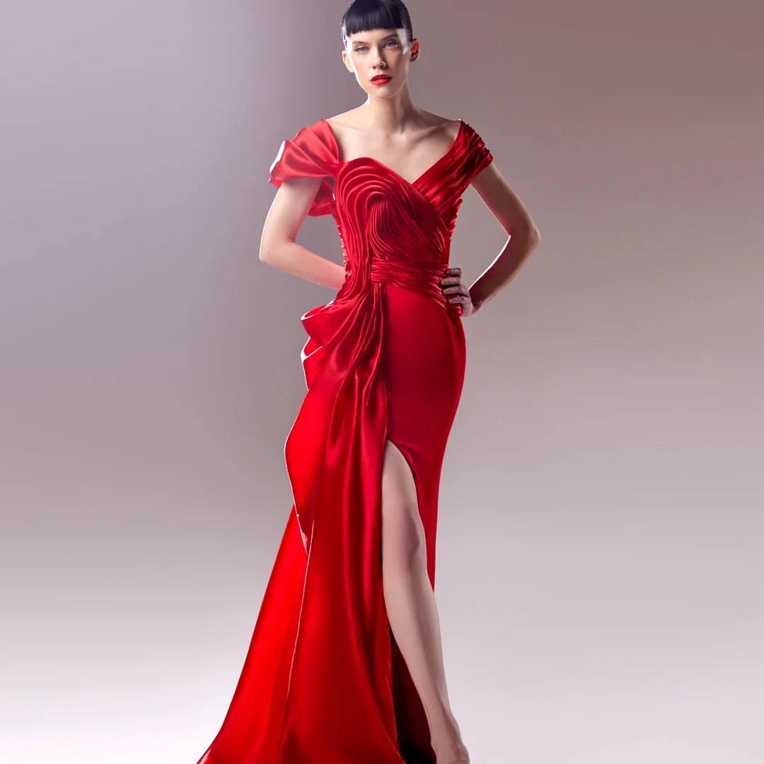 تخصيص الحديثة جيرسي مستقيم قبالة الكتف فساتين السهرة نصف الأكمام زيبر الظهر الأحمر فساتين المناسبات الخاصة #2