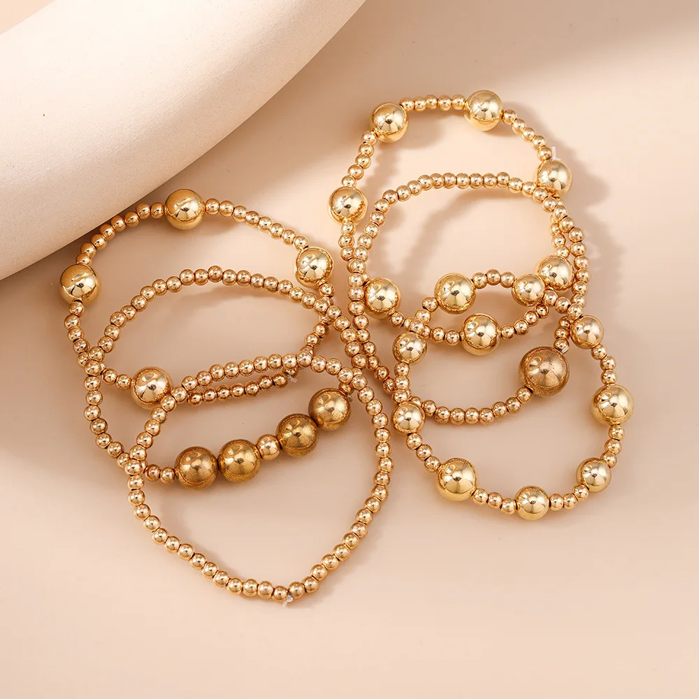 Aihua 6 Stück/Set goldfarbene CCB-Perlen-Kettenarmbänder für Frauen, kreativer Minimalismus, Perlen-Stretch-Armreif, Schmuckzubehör – Detail 3