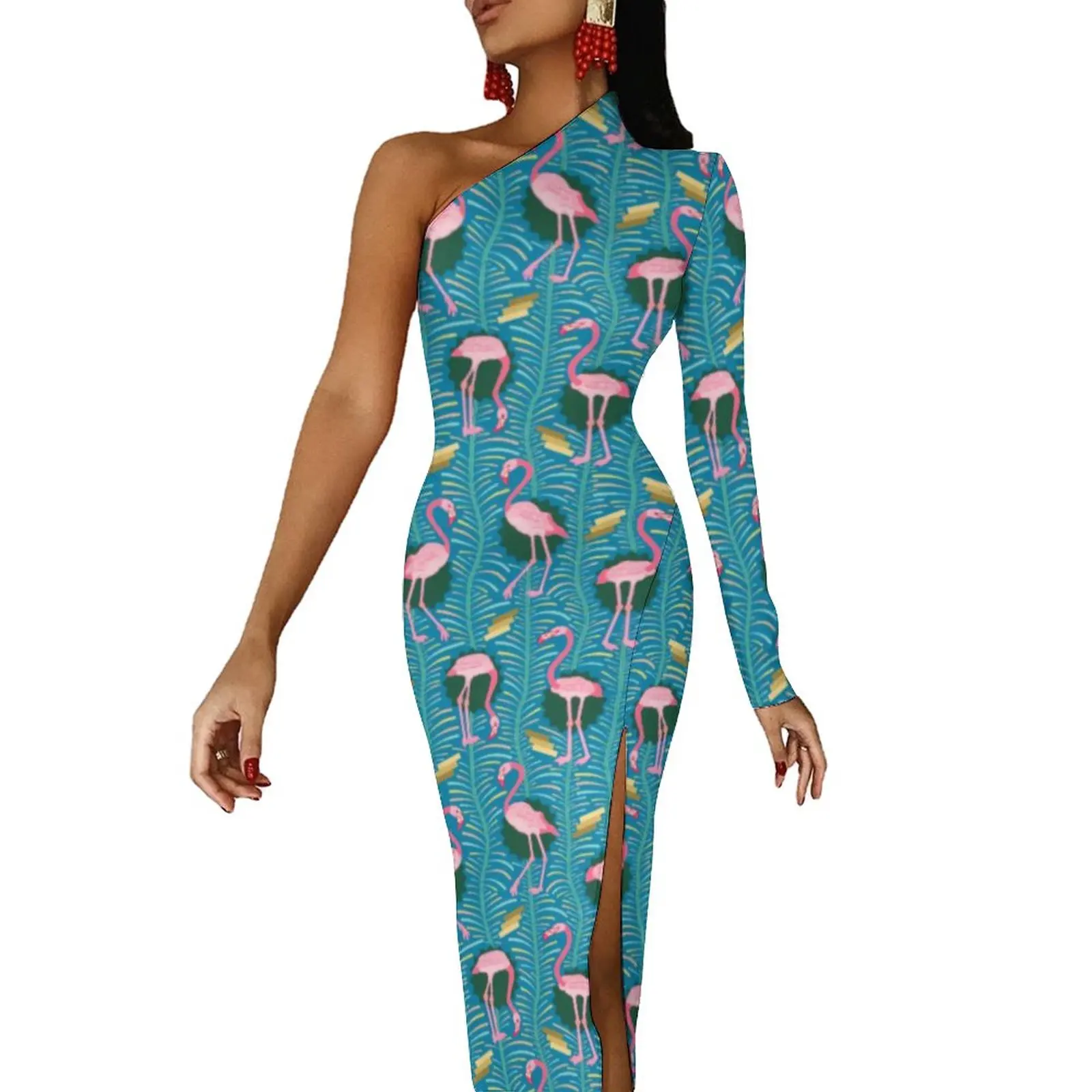 Birds Print Bodycon Dress Autumn Pink Flamingo Art Elegant High Slit Long Dresses One Shoulder Pattern Aesthetic Dress