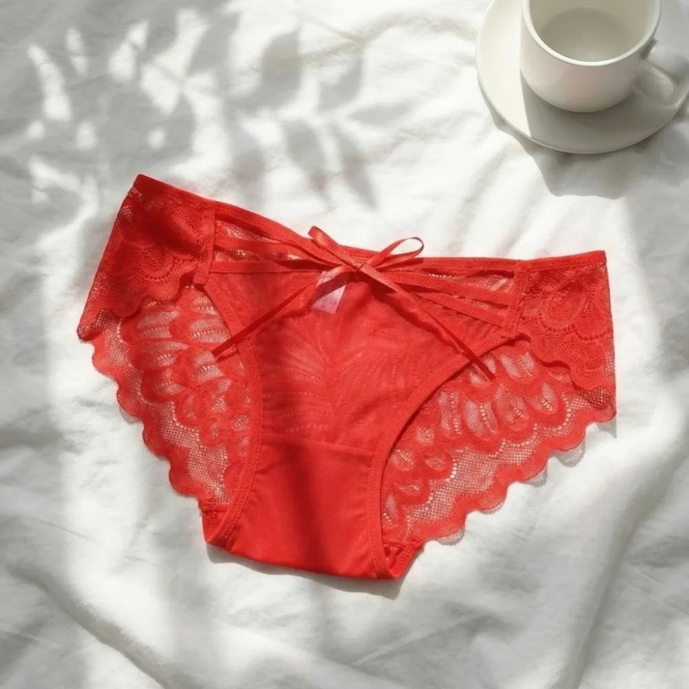 

Comfortable Low Waist Lace Panties Transparent Bow Mesh Flower Briefs Thin Strap Cotton Crotch Underwear for Women Girl