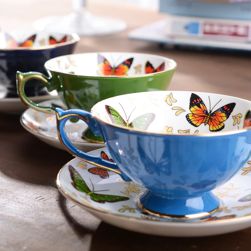 Porcelain Coffee Cups and Saucer Set, British Style, Classical Afternoon Tea Party Set, Butterfly Bone China, Porcelain Teacup