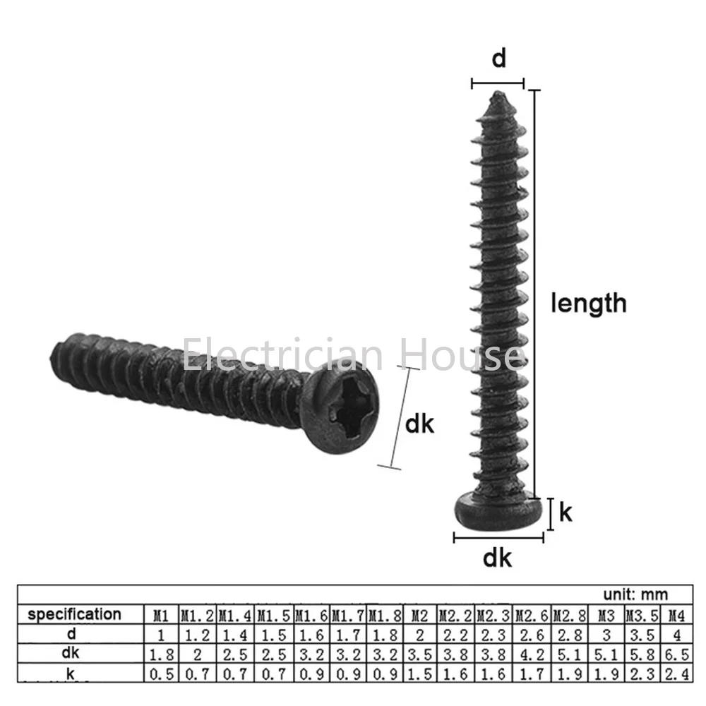100 pcs/lot Cross Round Head Phillips Self-tapping Screw M1 M1.2 M1.4 M1.5 M1.7 M2 M2.3 M2.6 M3 M3.5 M4 M5 Black Carbon Steel