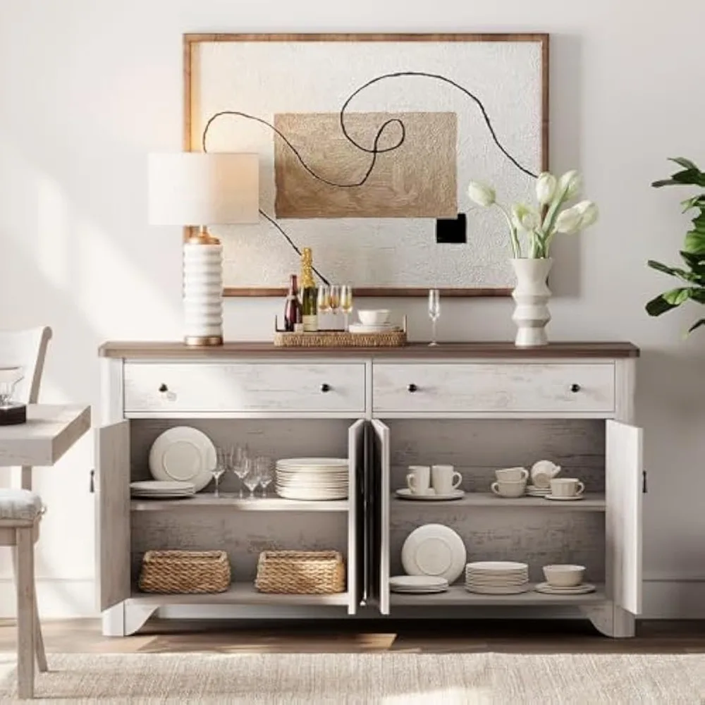 ตู้บุฟเฟ่ต์สไตล์บ้านไร่ขนาดใหญ่พร้อมที่เก็บของ 59 ช่อง 2 ลิ้นชัก และ 4 ประตูพร้อมชั้นวางปรับระดับได้