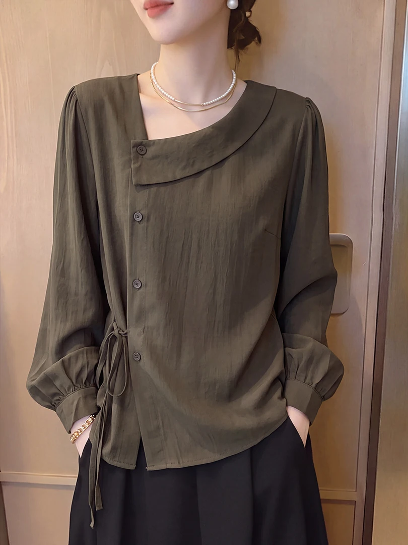 Trendy Long Sleeve Shirt for Women with Tie Collar Belly Covering Anti-Aging Versatile Top Luxury Style Loose Fit Autumn 2026