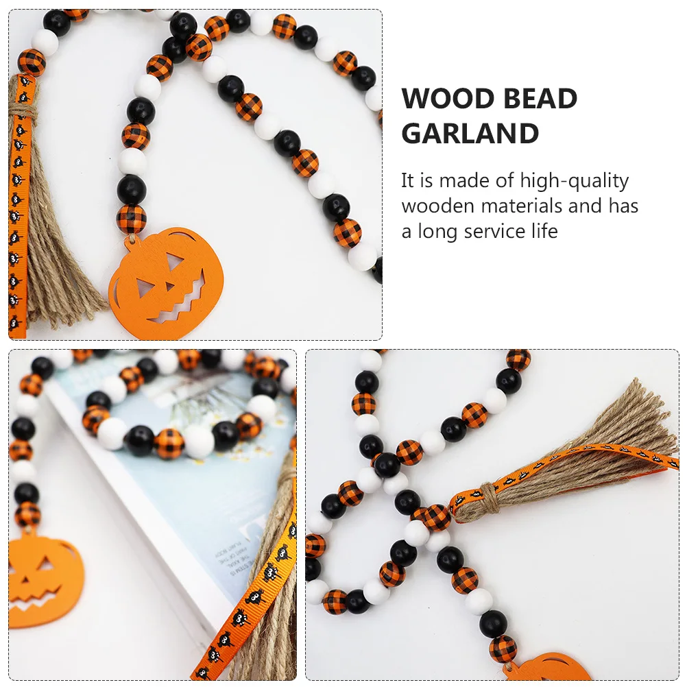 

Pumpkin Pendant Beads Wood Garland with Tassel Wall Round Decoration for Home Ornament Halloween Wooden Hanging