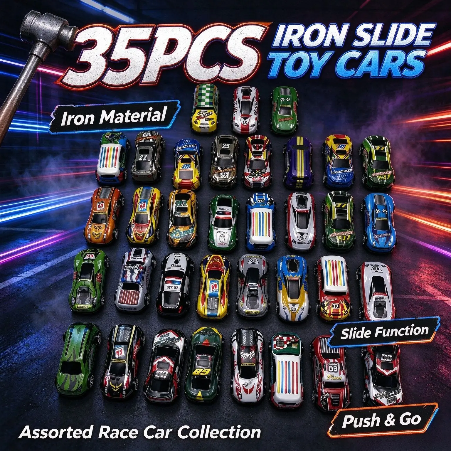 35PCS Mini Iron Slide Racing Cars, Push & Go Sliding Race Vehicle Toy Set for Kids, Assorted Color Racer Play Gift Pack