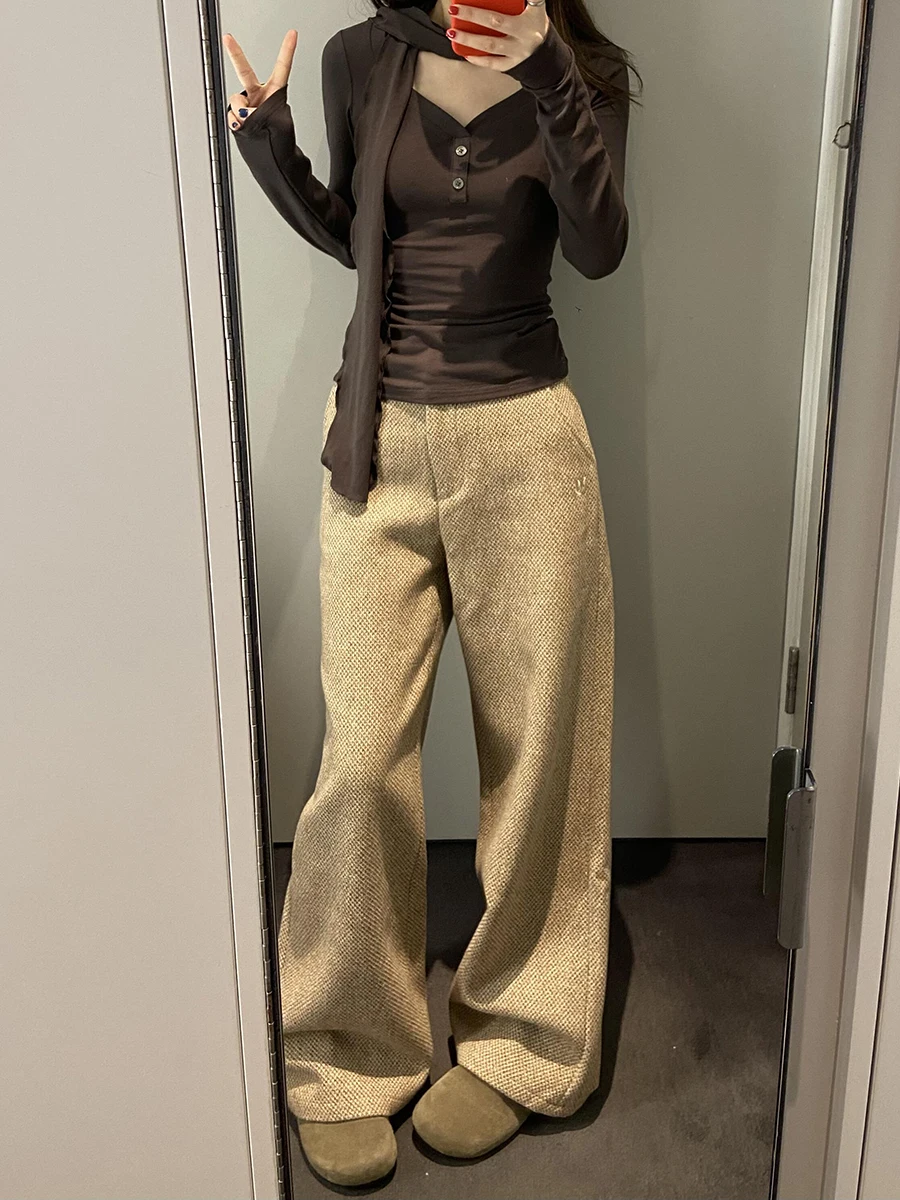 ReddaChic Office Work Women Tweed Pants Casual Loose Fit Khaki Textured High Waist Wide Leg Suit Trousers Autumn Vintage Clothes