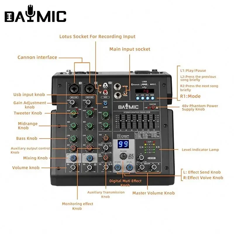 Mixer audio USB professionale a 4 canali BT con DSP OTG per console mixer audio audio DJ Micro Record Live Studio