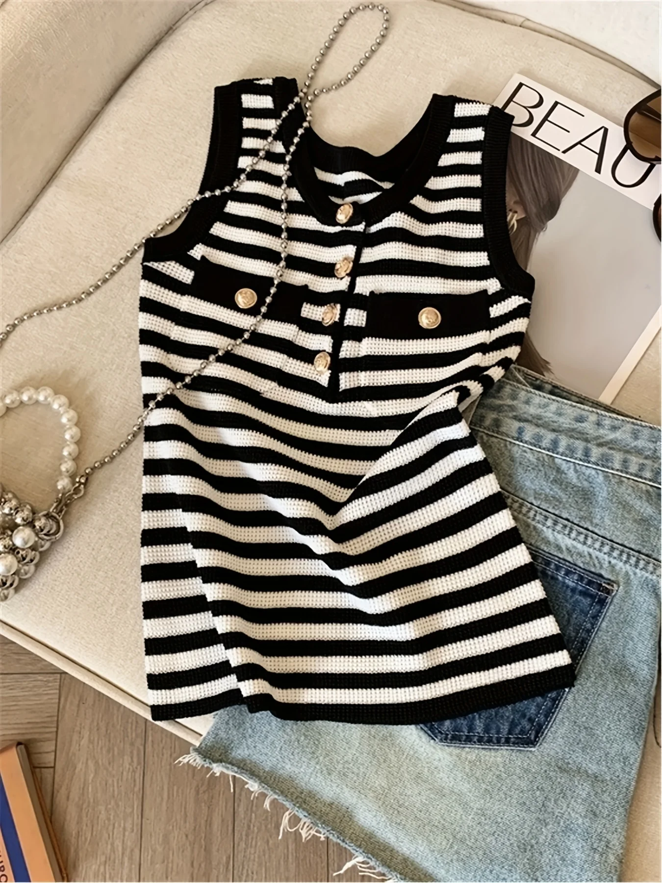 2025 New Casual Sweater Ellastic Color Block Striped Knit Tank Top Buttons Camis Vest Top Summer Colthing for Woman Crop Top
