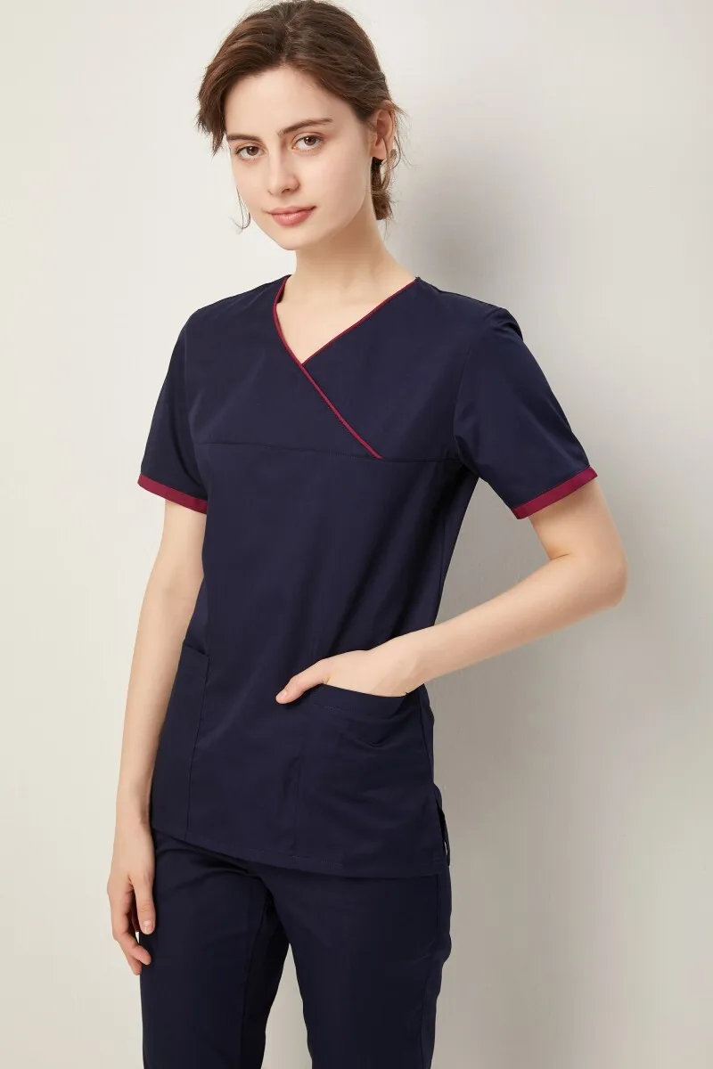 

2023Women's Summer Crossing V Neck Short Sleeve Dental Clinic Uniforms Set Pet Hospital Nursing Scrub Clothing Navy Blue Topwear