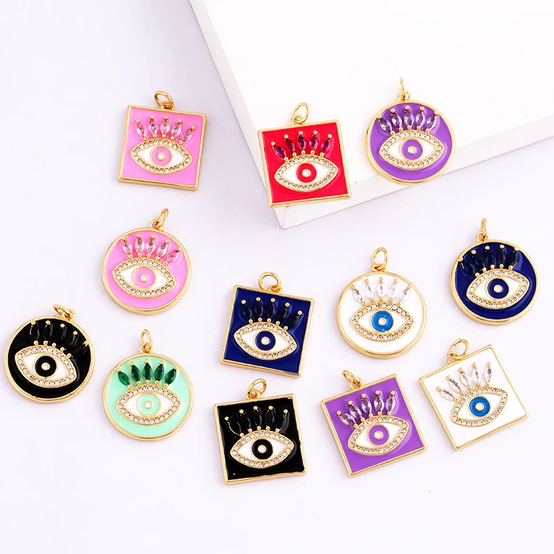 Oil Dropped Enamel Evil Eye Rectangle Square Round Oval Tag Geometry Charm Pendant,18K Gold Zircon Necklace Bracelet Supply M91