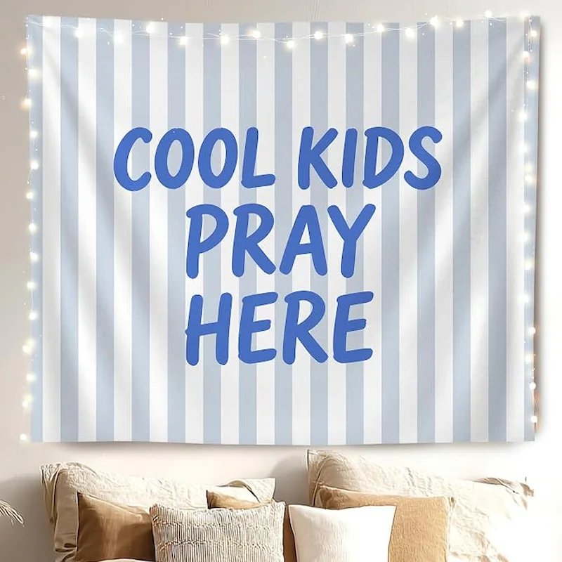 VIKAMA Cool Kids Pray Tapestry, Blue Stripes Christian Wall Hanging Home Decor, Boho Hippie Wall Hanging Decor